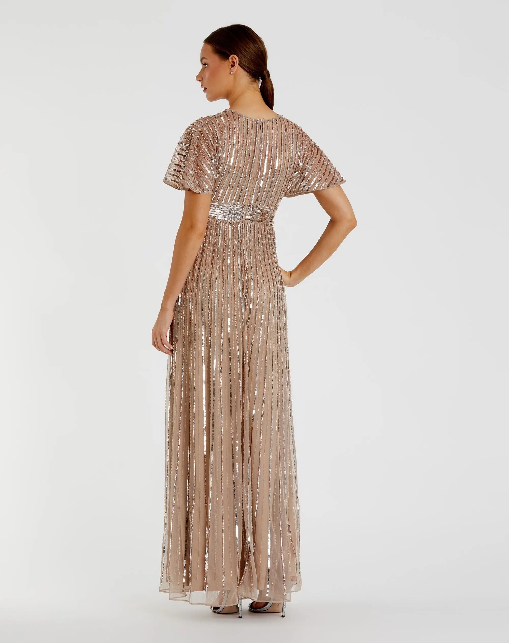 Beige Embellished Short Sleeve Empire Waist Gown