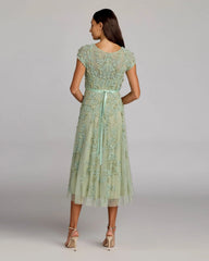 Green Floral Embellished Cap Sleeve Midi Dress