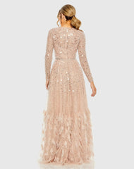 Petite Pink Disc Embellished Sequin Gown with Feather Detail