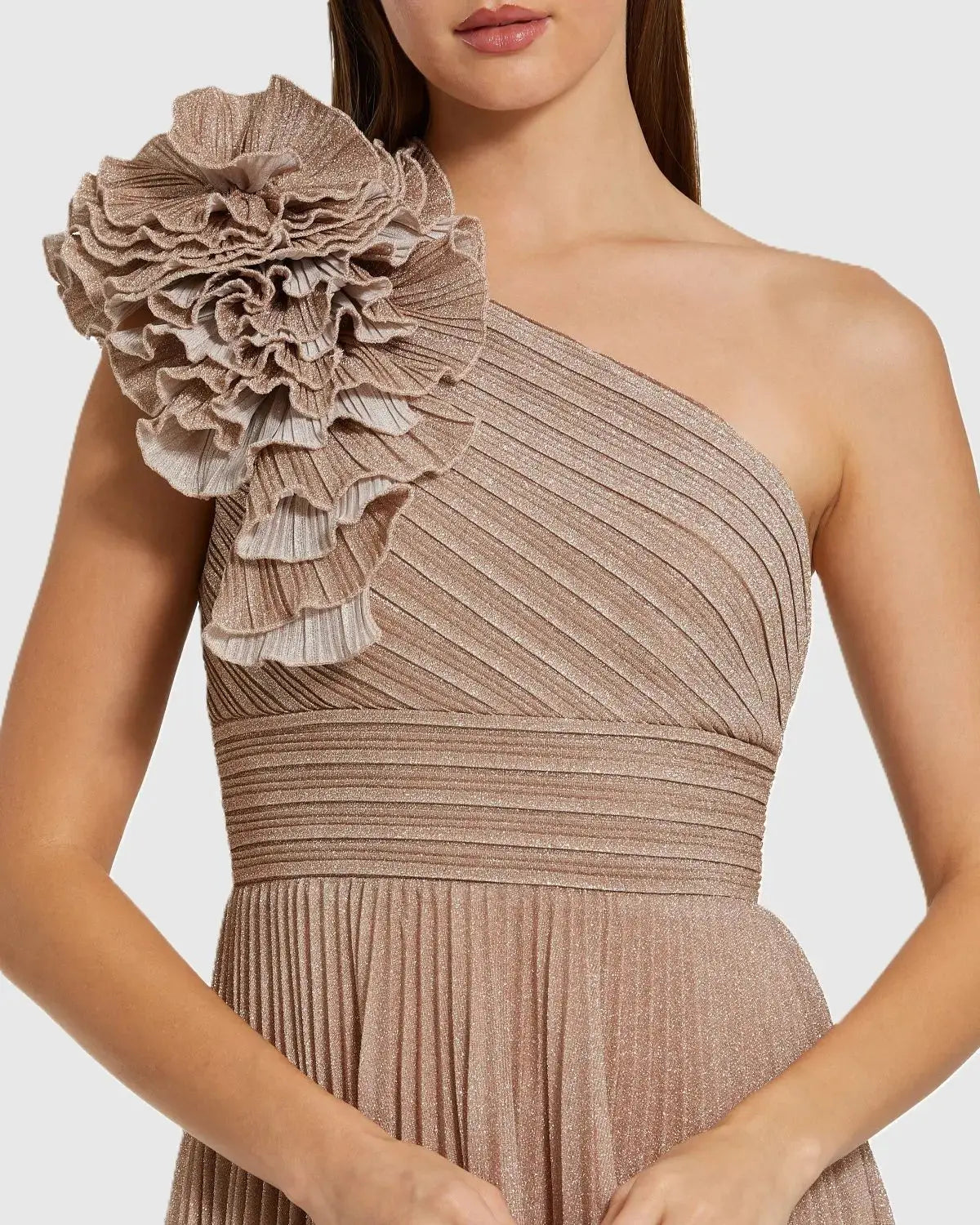 Petite Pink Pleated Metallic One Shoulder Gown With Ruffle