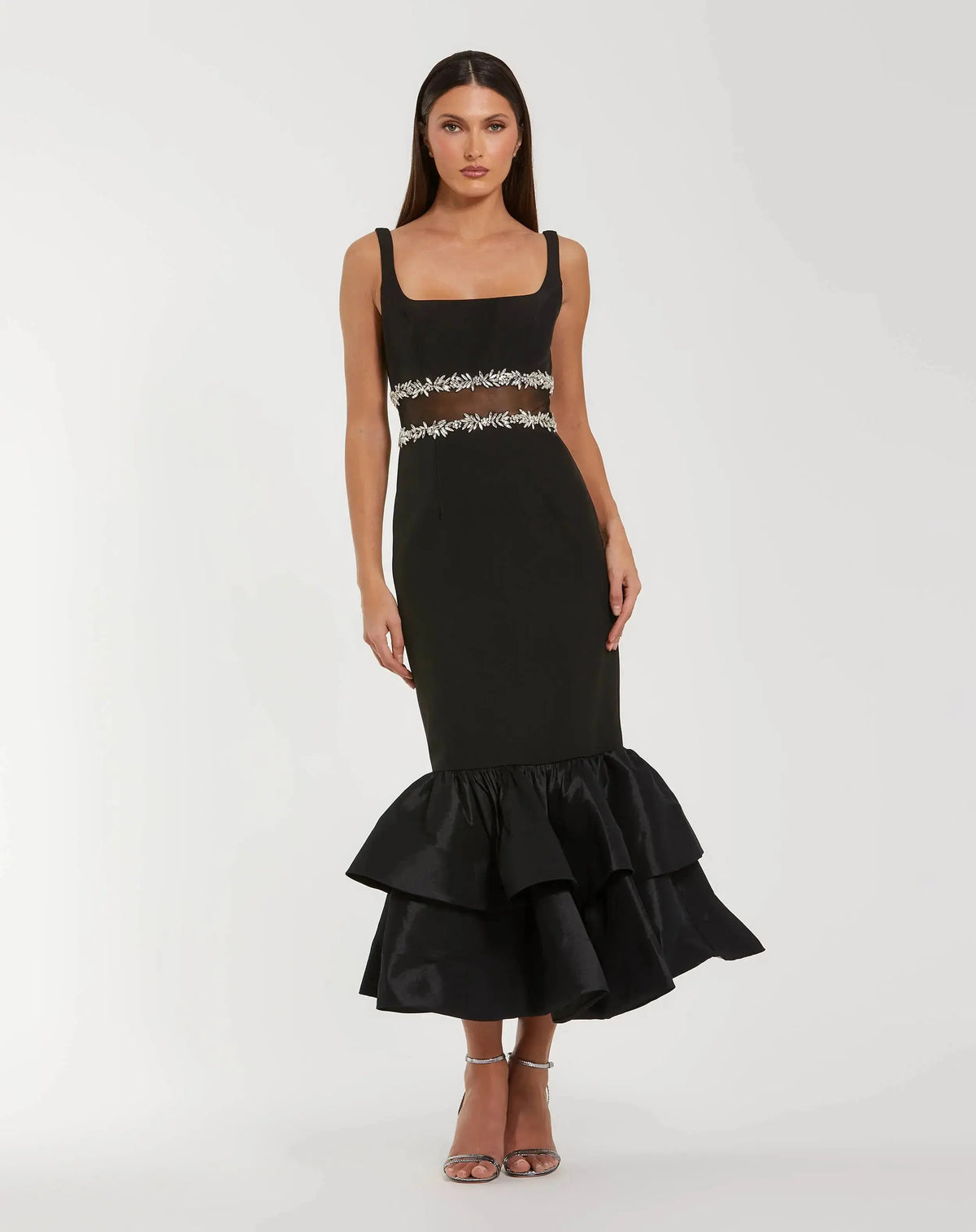 Petite Black Crepe Ruffle Hem Midi Dress With Jewel Detail