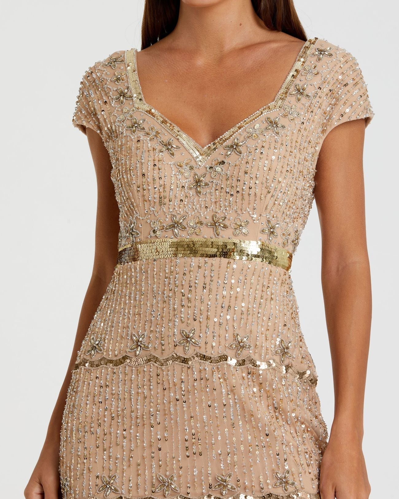 Petite Gold Sequin Cap Sleeve Sweetheart Column Gown