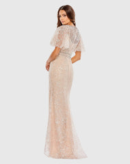 Pink Embellished Neck Butterfly Sleeve Trumpet Gown - FINAL SALE